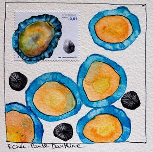 Timbre poste et aquarelle sur papier 15 x 15 cm Ab2