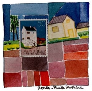 Timbre poste et aquarelle sur papier 15 x 15 cm 1