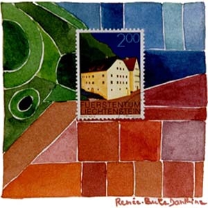 Timbre poste et aquarelle sur papier 15 x 15 cm 2