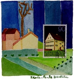 Timbre poste et aquarelle sur papier 15 x 15 cm 3