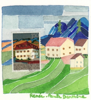 Timbre poste et aquarelle sur papier 15 x 15 cm 4