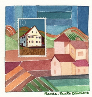 Timbre poste et aquarelle sur papier 15 x 15 cm 5