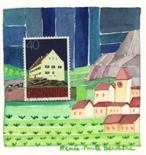 Timbre poste et aquarelle sur papier 15 x 15 cm 6