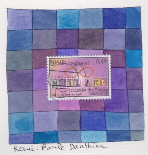 Timbre poste et aquarelle sur papier 15 x 15 cm Ab8