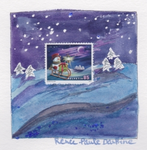 Timbre poste et aquarelle sur papier 15 x 15 cm 14