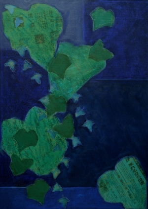 Huile, cire, piments et collages, - 70 x 50 cm.